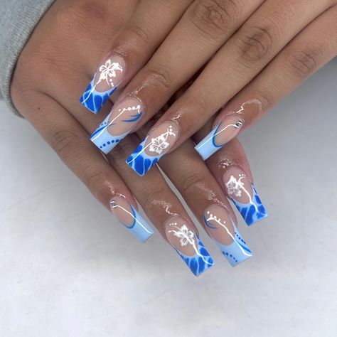 neon and pastel blue french tip hibuscus flower summer acrylic nails Neon Blue Nails Acrylic, Blue Flower Nails, Summer Nails Blue, Neon Blue Nails, Hawaiian Flower Nails, Blue French Tip, Cross Nails, Nail Goals, Long Square Nails