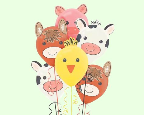 "Includes 6 latex farm animal balloons and ear accessories. Balloons measure approximately 12\". Balloons ship un-inflated. Helium and ribbon not included.  All sales are final." Barnyard Birthday Party Decorations, Farm Themed Party, Barnyard Birthday Party, Farm Animals Birthday Party, Barnyard Party, Farm Animal Birthday, Barnyard Birthday, Animals Birthday, Yellow Balloons