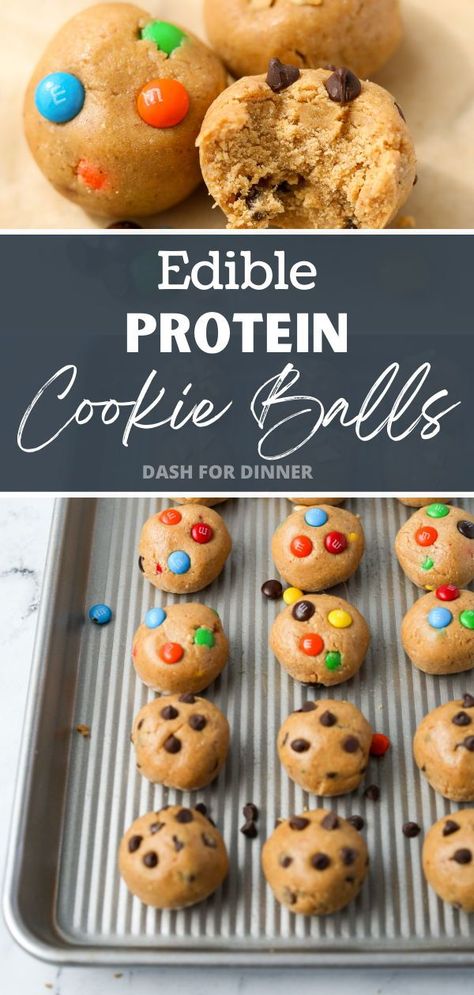 This easy recipe for Protein Cookie Dough Balls is made with simple ingredients like nut butter, protein powder, oats, and maple syrup. These healthy cookie dough balls are perfect for a quick snack, and freeze well too! Edible Protein Cookie Dough, Protein Powder Oats, Protein Cookie Dough Balls, Protein Cookie Dough Bites, Monster Cookies Recipe, Protein Cookie Dough, Toffee Chips, Healthy Cookie Dough, Protein Cookie