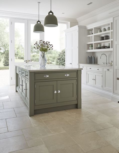 Green Country Kitchen, Tom Howley, Kitchen Shaker, Modern Country Kitchens, Kitchen Renovation Inspiration, Open Plan Kitchen Dining Living, Sage Green Kitchen, Open Plan Kitchen Dining, Open Plan Kitchen Living Room