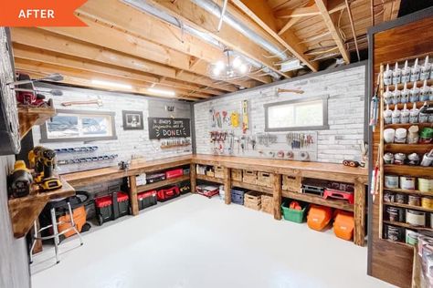 Organization On A Budget, Organized Workspace, Basement Organization, Basement Workshop, Faux Brick Panels, Basement Office, Minimalist Space, Brick Paneling, Basement Storage