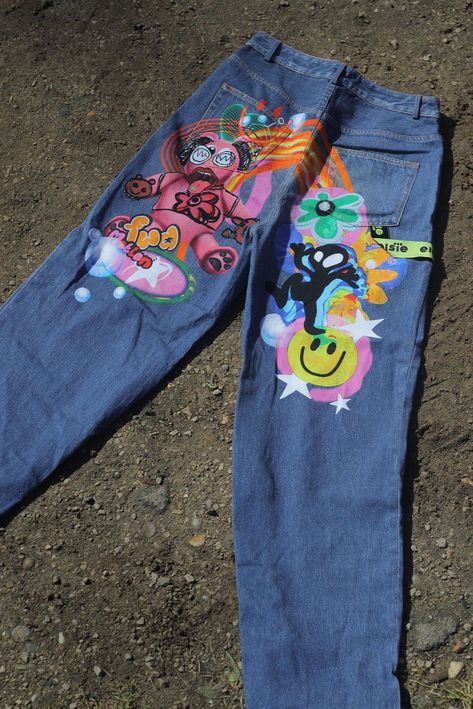 Ride On Time Embossed Oversized 90s Jeans — UK 18 Custom Jeans Diy, Graphic Jeans, Custom Jean, Custom Jean Jacket, Low Rise Baggy Jeans, 90s Rave, Rave Culture, 90s Theme, 90s Baggy