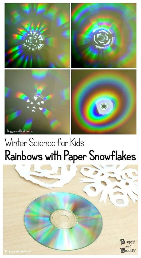 Winter Science for Kids: Explore light and colors by making rainbow reflections using a CD and paper snowflakes! #buggyandbuddy #winterscience #scienceforkids #papersnowflakes #wintercrafts #rainbows #rainbowscience #lightscience Vetenskapliga Experiment, Rainbow Science, Rainbow Reflection, Winter Science, Rainbow Activities, Steam Science, Light Activities, Kid Experiments, Kids Exploring