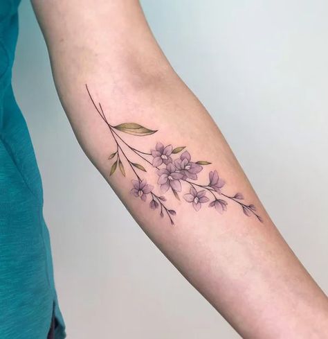 Delphinium Tattoo, Larkspur Flower Tattoos, July Birth Flower Tattoo, Name Flower Tattoo, Larkspur Tattoo, Flower Tattoo On Ribs, Water Lily Tattoos, July Birth Flower, Wrap Tattoo