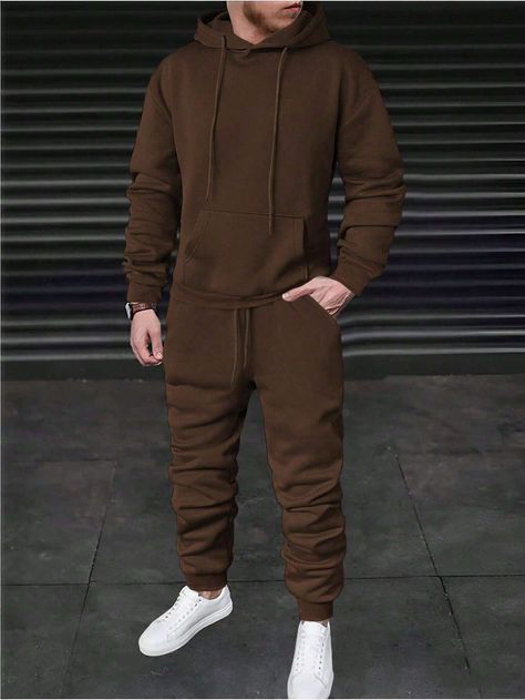 Manfinity Basics Men Solid Kangaroo Pocket Drawstring Hoodie & SweatpantsI discovered amazing products on SHEIN.com, come check them out! T Shirt Design Template, Wedding Dress Men, Leisure Suit, Polyester Jacket, Hoodie And Sweatpants, Tomboy Outfits, Casual Cardigans, Co Ords, Coffee Brown