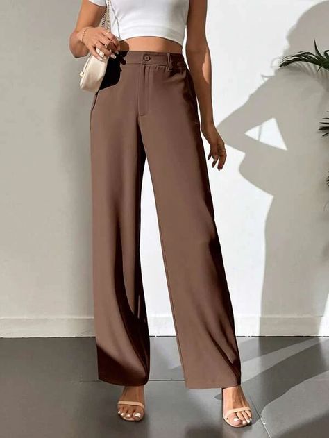 SHEIN Tall Solid Zipper Fly Pants | SHEIN USA Shein Tall Outfits, Coffee Brown Pants Outfit, Tall Pants For Women, Pants Trend 2024, Brown Formal Pants Outfit, Brown Pants Outfit Women, Thanksgiving Fits, Casual Work Pants, Trendy Trouser