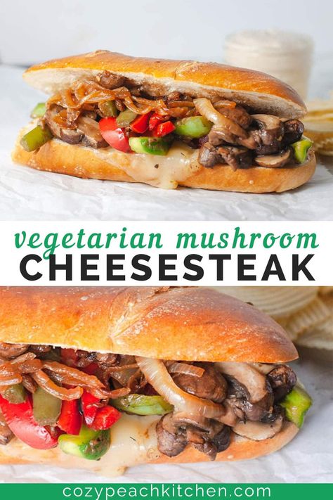 Mushroom Philly Cheesesteak, Mushroom Cheesesteak, Cheesesteak Sandwich, Vegetarian Sandwich Recipes, Mushroom Sandwich, Vegetarian Sandwich, Veggie Sandwich, Philly Cheesesteak, Vegetarian Lunch