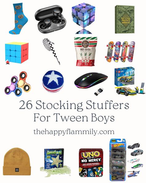 A flat lay of various small gifts perfect for tween boys’ stockings, like gadgets, books, and games. Stocking Stuffers For Boys, Stocking Stuffer Ideas, Christmas Gifts For Boys, Christmas Planning, Best Stocking Stuffers, Gift Table, Boys Christmas, Gifts To Make, Affordable Gifts