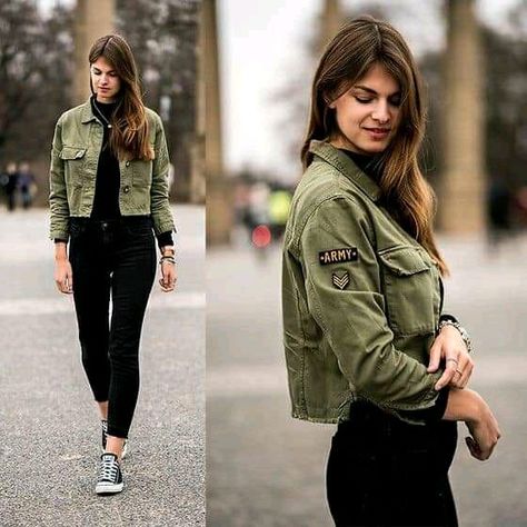 Cropped Utility Jacket, Cropped Green Jacket, Green Denim Jacket Outfit Women, Cropped Green Jacket Outfit, Cropped Utility Jacket Outfit, Army Dress Outfit, Green Crop Jacket Outfit, Army Jeans Outfit, Army Jacket Women Outfit