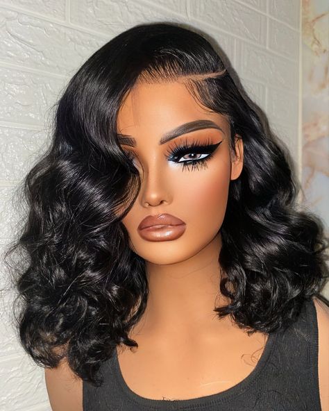 PARIS Flirty Bob JET BLACK Side Part ✨ 5x5 HD lace GLUE-LESS unit Available for purchase Hair: Raw Indian exotic deep wavy 🤎 TEXT TO ORDER: 484-475-6470 or click the link in bio for EXPRESS SHIPPING -Hair: raw Indian luxe wave with 5x5 HD closure -Size: 21”-23” circumference -Elastic Adjustable Band for glue-less wear ALL Custom signature units include: ✅Custom machine made ✅Tailored to fit clients head measurements ✅Premium Bundles & HD lace included ✅Glue-less/easy install Skip t... Deep Side Part Sew In Bob, Deep Wave Sew In With Closure Side Part, Side Part Bob With Curls, Jet Black Side Part, Loose Wave Sew In, Side Part Bob Hairstyles, Side Part Curly Bob, Deep Side Part Bob, Bratz Hairstyles