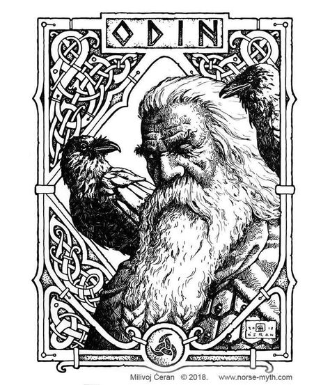 Milivoj Ceran on Instagram: “Finished "Odin" Norse Mythology b/w Kickstarter commission. © Milivoj Ćeran 2018. - 11x8 inches - archival ink on paper I had lot of fun…” Odin Drawing Norse Mythology, Odin Norse Mythology Art, Mjolnir Tattoo Norse Mythology, Norse Mythology Drawing, Milivoj Ceran, Odin Allfather, Viking Drawings, Odin Norse Mythology, Norse Art