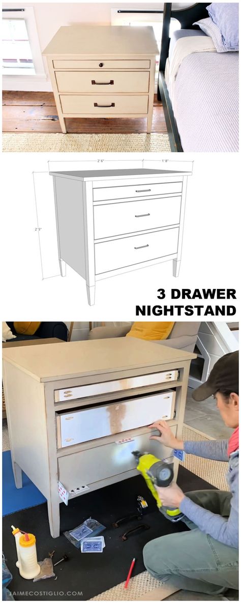 A DIY tutorial to build a 3 drawer nightstand. Make this nightstand for your bedroom perfect with 3 roomy drawers for storage. Diy Large Nightstand, How To Build A Nightstand With Drawers, Diy 2 Drawer Nightstand, Nightstand With Drawers Diy, Diy 3 Drawer Nightstand Plans, Diy Bedside Table With Drawer, 3 Drawer Nightstand Diy, Diy 3 Drawer Nightstand, Adding Height To Nightstand