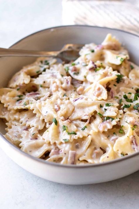 This Asiago pasta combines pancetta with pasta and a creamy cheesy Asiago sauce. It's easy to make in about 30 minutes. Creamy Asiago Chicken Pasta, Asiago Pasta Sauce, Asiago Sauce, Asiago Pasta, Asiago Cream Sauce, Asiago Chicken Pasta, Pasta With Pancetta, Pancetta Pasta, Creamy Pesto Pasta