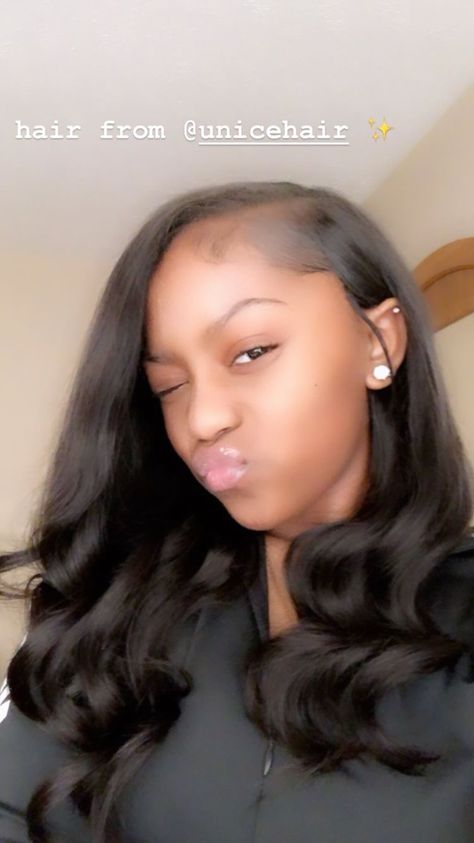 Flat Ironed Hair Black Hairstyles Curled, Side Part Flat Iron Black Hair, Sew In Hairstyles With Leave Out Curls, Sew In For Teens, Sew In Hairstyles Medium Length, Cute Leave Out Hairstyles, Black Sew In, Side Part Natural Hair Black Women, 16 Inch Sew In Weave