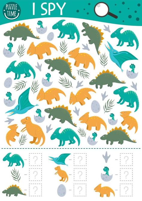 Dinosaur I spy game for kids. Searching and counting prehistoric activity for preschool children with dinos, eggs, footprints. Funny printable worksheet. Simple seek and find puzzle Spy Games For Kids, Activity For Preschool, Seek And Find, Dinosaur Printables, I Spy Games, Spy Games, Funny Printables, Game For Kids, I Spy