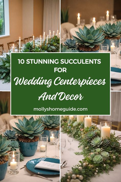 If you're looking for unique and stylish wedding decor, consider using succulents for your centerpieces and bouquet. Succulents are not only trendy but also long-lasting, making them a perfect choice for minimalist or boho-themed weddings. Create a romantic atmosphere with succulent arrangements that will impress your guests and add a touch of greenery to your special day. Explore these succulent wedding ideas for inspiration on how to incorporate these versatile plants into your wedding decorat Inexpensive Greenery Centerpieces, Snake Plant Centerpiece Wedding, Succulent Table Decor Party, Succulent Wedding Arrangements, Live Plant Table Centerpiece, Centerpieces Wedding Green, Sage Centerpieces Wedding, Live Plant Centerpieces, Cactus Centerpiece Ideas