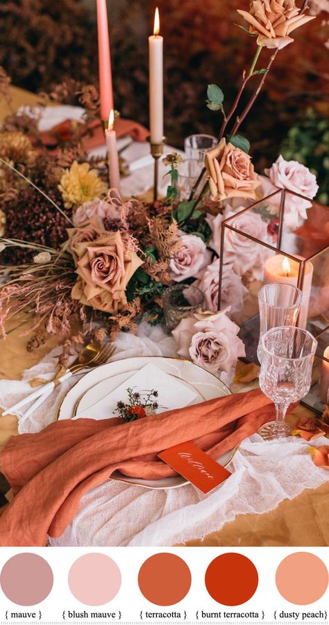 10 Fabulous Terracotta Wedding Color Combos | Autumn Color Schemes Terracotta Wedding Colors, Terracotta Color Palette, Peach Wedding Colors, Fall Wedding Color Schemes, Rusting Wedding, Wedding Color Pallet, Fall Wedding Color Palette, Wedding Color Combos, Mauve Wedding