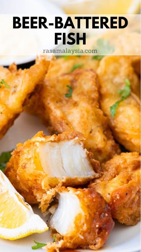 Golden crispy Beer-Battered Fish are deep-fried into perfection. This homemade fried fish recipe is so easy to prepare with fresh cod fillets and perfect for game nights. It's absolutely delicious and flavorful. Easy Beer Battered Fish, Deep Fried Cod Fish Recipes, Deep Fried Fish Batter Recipes, Deep Fried Fish Batter, Fried Fish Batter Recipe, Deep Fried Cod, Fried Cod Fish Recipes, Crispy Fish Batter, Fried Cod Recipes