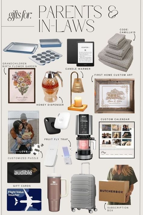 I love sourcing out the best holiday gift ideas for you guys to gift your loved ones and putting together these gift guides each year. This guide is for in-laws and parents! I have included ideas for everyone, including your mom, coworker, neighbor, best friend, kids, or husband. I also made sure to include gifts in every price point, and included stocking stuffer ideas as well. Tap to shop! Gift Guide For Christmas, Unique Present Ideas, Group Gift Ideas Friends, Christmas Gift Box Ideas For Family, Stocking Stuffers For Parents, In Laws Christmas Gift Ideas, Mother In Law Christmas Gifts, Holiday Gift Guides, Family Christmas Present Ideas