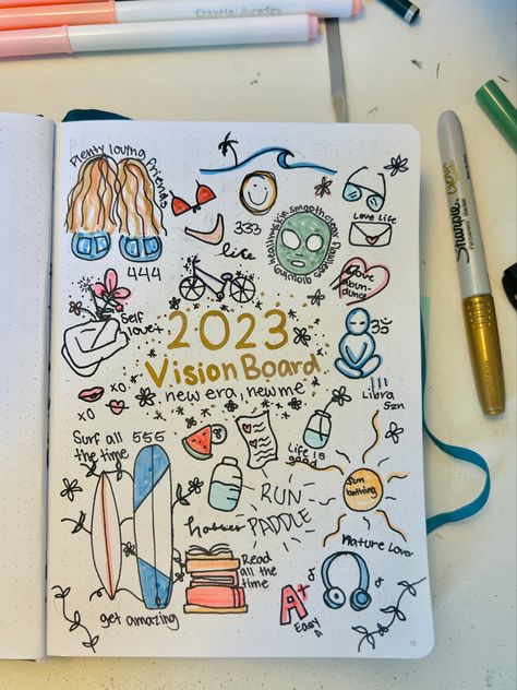 Bujo New Year Set Up, New Years Resolution Journal, Healthy Girl Aesthetic, Doodles Cute, 2023 Vision Board, Sharpie Markers, Love Motivation, New Year New Me, 2023 Vision