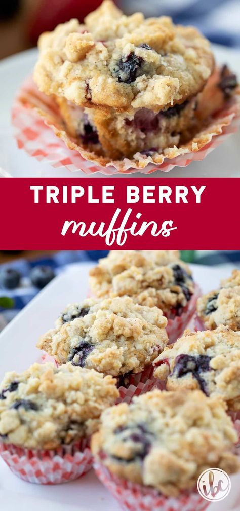 Make your mornings a bit brighter with our Triple Berry Muffins—featuring a delicious blend of fresh berries and a sweet streusel topping. This recipe guarantees moist and fluffy muffins every time, making it a great addition to your brunch table or as a tasty afternoon pick-me-up. Enjoy the burst of berries in every bite! Breakfast Ideas With Fruit, Triple Berry Muffins, Berry Muffin Recipe, Mixed Berry Muffins, Fluffy Muffins, Fruit Muffins, Best Blueberry Muffins, Berry Breakfast, Berry Muffins