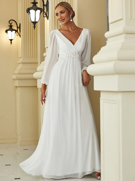 £59.99 Women's Elegant A-Line Deep V-Neck Appliques Pleated Long Sleeve Bridesmaid Dress #wedding #dress #elegant #fairytale #outfit #bride #bridesmaid Infinity Gown, Neck Wedding Dress, Chiffon Wedding Dress, Ever Pretty, Evening Dresses Cocktail, Maxi Dress Evening, Wedding Bridesmaid Dresses, Mother Of The Bride Dresses, Cocktail Dress Party