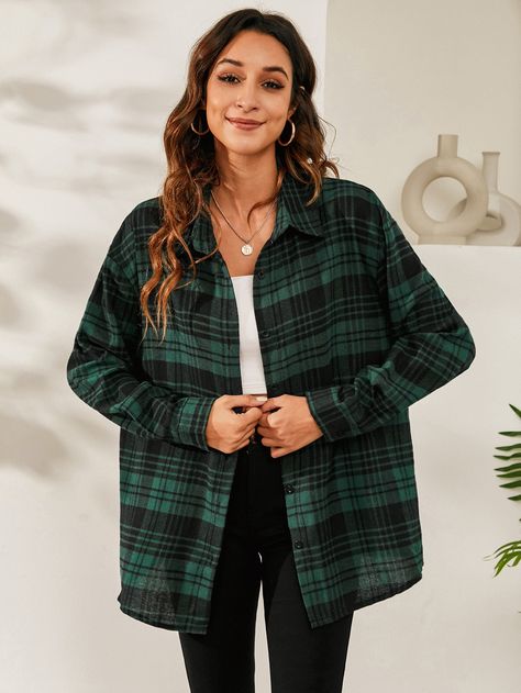 Multicolor Casual Collar Long Sleeve Fabric Plaid Shirt Embellished Non-Stretch Spring/Fall Women Tops, Blouses & Tee Green Plaid Shirt Outfit, Womens Plaid Shirt Outfit, Checkered Shirt Outfit, Green Outfits For Women, Flannel Shirt Outfit, Outfits Con Camisa, Plaid Shirt Outfits, Green Plaid Shirt, Blue Mom Jeans