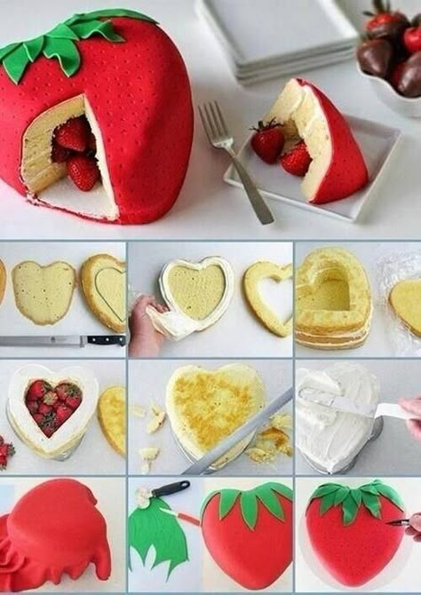 Strawberry Surprise Cake Step-by-Step Tutorial Strawberry Birthday Cake, Pinata Cake, Cake Strawberry, Surprise Cake, Strawberry Party, Cake Shapes, Strawberry Filling, Cake Tutorial, Strawberry Cake