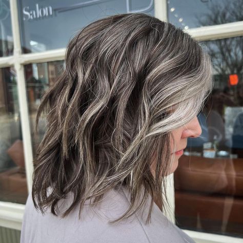 Gray Blending Hair, Lavender Grey Hair, Grey Brown Hair, Gray Blending, Sleek Bob Hairstyles, Gray Balayage, Light Brunette, Grey Highlights, Salt And Pepper Hair