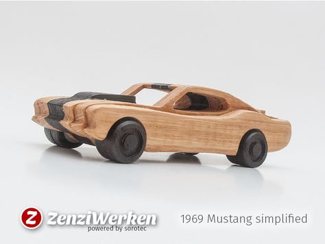 After several simplified planes-models I decided it'd be time for a car. Inspired by Jake Diaz I went with a classic muscle car: the 1969 Ford Mu Cnc Machine Projects, 1969 Mustang, Desktop Cnc, Toy Race Cars, Wood Car, Wooden Toys Design, 1969 Ford Mustang, Wooden Toy Cars, Wood Toys Plans