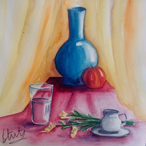 Watercolour still life Composition Painting Watercolour Easy, Still Life 3 Objects, Still Life Composition Painting, Composition Painting For Class 12, Watercolor Still Life Objects, Watercolor Still Life Easy, Still Life Watercolor Paintings Easy, Intermediate Still Life Drawing, Object Drawing Still Life Watercolor Painting