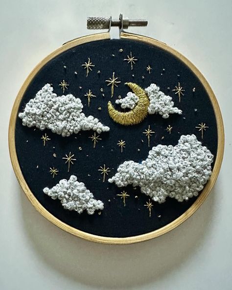 Tiny embroidery hoop  Wall art- lovely as part of a gallery wall. DMC embroidery floss on sashiko cotton, black aida or similar- let me know if you have a preference.  Approximately 20 hours of work go into this little gem.  No two are ever the same as they're freehand stitched straight onto the fabric with no pattern.   Starry night sky with beautiful 3d clouds stitched on deep blue sashiko cotton. This one has flown to its new owner, but more can be made to order- it can take up to two weeks, Tiny Embroidery, 3d Clouds, Golden Embroidery, Embroidery Hoop Wall, Embroidery Hoop Wall Art, Halloween Templates, Dmc Embroidery, Dmc Embroidery Floss, Blue Nail Designs