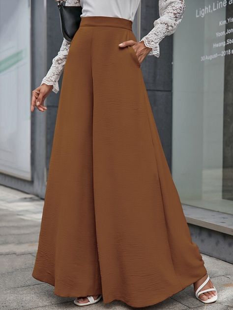 Free Returns ✓ Free Shipping On Orders $49+ ✓. Slant Pockets Zipper Fly Palazzo Pants- Women Pants at SHEIN. Wide Palazzo Pants Outfit, Palazzo Pants Style, Celana Palazzo, Palazzo Pants Outfit, Plazo Pants, Womens Palazzo Pants, Modern Hijab Fashion, Kaftan Style, Palazzo Trousers