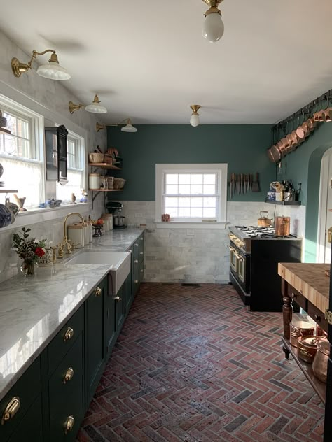 Brick Floor Kitchen Black Cabinets, Green Cabinets Brick Floor, Green Kitchen Brick Floor, Moody Kitchen Tile Floor, Sage Green Kitchen Terracotta Floor, Old Chicago Brick Floor, Brick Kitchen Floor Farmhouse, Kitchen Floor Brick, Exposed Red Brick Kitchen