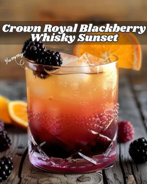 Crown Royal Blackberry Whisky Sunset Recipe - RecipeStrip Crown Royal Recipes, Crown Drink, Blackberry Whiskey, Blackberry Drinks, Crown Royal Drinks, Royal Recipe, Fun Drink Recipe, Chicken Adobo, Blackberry Recipes