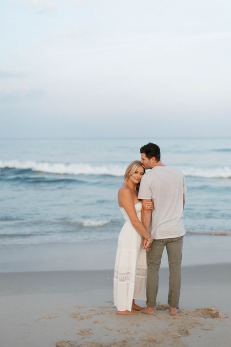 Karin + Cayden’s engagement photo session on the beach at sunset in New Jersey Cute Beach Engagement Photos, Engagement Photo On Beach, Engagement Summer Photos, Cute Couple Engagement Photos, Outdoor Photoshoot Ideas Couples Engagement Shots, Couple Beach Shoot Ideas, Engagement Pictures At The Beach, Engagement Ocean Photos, Engagment Beach Photo Ideas