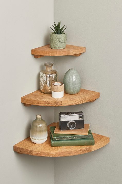 Solid Oak Corner Shelves Corner Shelf Decor, Corner Shelf Ideas, Corner Shelf Design, Wood Corner Shelves, Wall Mounted Corner Shelves, Floating Corner Shelves, Corner Wall Shelves, Corner Decor, Corner Shelf