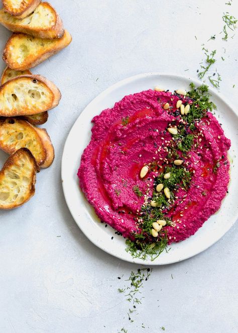 Beetroot Hummus - The colour of this Hummus is amazing !! It also tastes heavenly. Apart from accompanying a Moroccan meal it would be equally good served with Roast Chicken, Lamb or Beef. Half this recipe if less is needed. Beet Dip, Tartiflette Recipe, Raw Beets, Broma Bakery, Beet Hummus, Vegan Christmas, Toasted Almonds, Sliced Almonds, Eating Raw