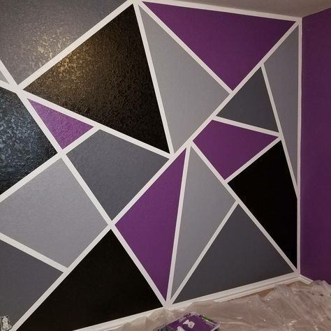 Geometric accent wall, came out great! Geometric Accent Wall, Bedroom Wallpaper Accent Wall, Boys Room Mural, Geometric Wall Paint, Wall Paint Patterns, Room Revamp, Diy Wall Painting, Triangle Wall, Accent Wall Paint