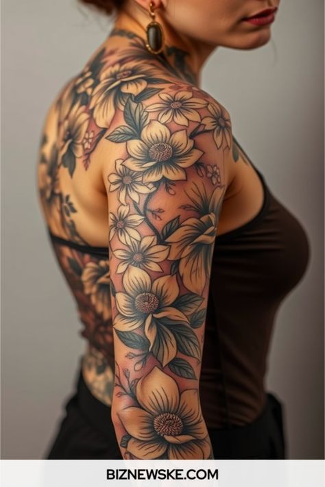 sleeve tattoo designs for women Black And Grey Tattoo With Hint Of Color, Full Sleeve Tattoos Women Unique, Animal Arm Tattoo, Sleeve Women Tattoo, Arm Tattoos Color, Arm Tattoos For Women Forearm, Fall Tattoos, Arm Sleeve Tattoos For Women, Quarter Sleeve Tattoos