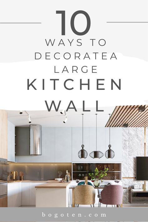 modern large kitchen with an island and a large kitchen wall that is empty Kitchen With Uneven Walls, Boring Kitchen Wall Ideas, Big Wall Kitchen Decor, Blank Walls In Kitchen, Large Wall Decor Kitchen Ideas, Kitchen Bare Wall Ideas, Big Wall In Kitchen Decor, How To Decorate Blank Wall In Kitchen, Large Kitchen Decor