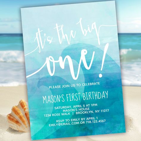 It's the big one! Celebrate your little surfer's 1st birthday with an ocean wave surfing first birthday invitation Surfing First Birthday, Ocean First Birthday, One Birthday Theme, The Big One Birthday, Surf Birthday, Wave Surfing, 1st Birthday Invitation, First Birthday Themes, The Big One