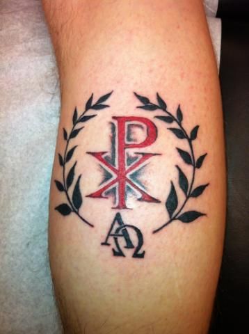 Tattoo Sleeve Men Arm, Chi Rho Tattoo, Tattoo Christian, Shield Tattoo, Catholic Tattoos, Tattoos Pinterest, Christian Soldiers, Christian Tattoo, Buddha Tattoos