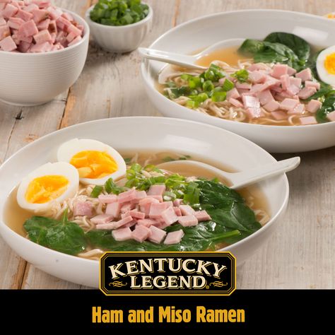 Today is East Meets West Day and nothing fits the bill better than this bowlful of culture. Kentucky Legend ham and soft-boiled eggs meet ramen noodles, ginger and miso-flavored broth for a delicious fusion feast.  Get recipe: https://kentuckylegend.com/recipe/ham-and-miso-ramen/  #KentuckyLegend #WhereFoodOughtaComeFrom #EastMeetsWestDay Ham Ramen, Kentucky Legend Ham, Ramen Miso, Miso Ramen, Soft Boiled Eggs, East Meets West, Ramen Noodles, Noodle Soup, Boiled Eggs