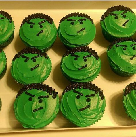 My son's Hulk cupcakes! 2015 Superhero Birthday Cake Homemade, Hulk Smash Cupcakes, Hulk Party Food Ideas, Easy Hulk Cake, Avengers Cupcakes Ideas, Super Hero Cupcakes For Boys, Hulk Smash Party Game, Hulk Cupcakes Ideas, Hulk Cake Ideas