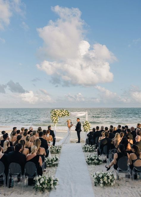 Beach Wedding in Dreams Riviera Cancun Resort & Spa | Cancun and Tulum Wedding Photographer Wedding In Dominican Republic, Cancun Wedding Decor, Black And White Wedding Beach, Dreams Resort Cancun Wedding, Black And White Beach Wedding, Black Tie Beach Wedding, Black Beach Wedding, Night Beach Weddings, Beach Wedding Aisle