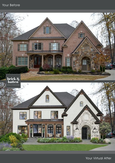 14 Limewash Brick House Before and After Photos - brick&batten Limewash Brick Exterior Tudor, Exterior Update Before And After, Stone For Front Of House, Limewash Brick Exterior Before And After, Limewash Brick House, Limewash Exterior, Limewash Brick Exterior, Limewash Brick, Brick House Exterior Makeover