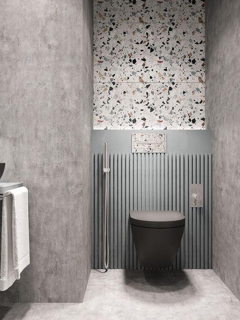 Terrazzo and concrete bathroom designed by Nika Buzko Concrete Bathroom Design, Terrazzo Grey, Wc Decoration, Garden Blocks, Toilette Design, Minimalist Bathroom Design, Restroom Design, Concrete Bathroom, Black Toilet