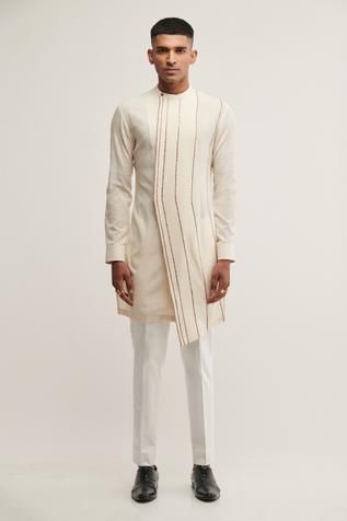 Men’s Kurta, Men Kurta Designs Style, Men Kurta Design, Indowestern Outfits For Men, Indian Menswear, Striped Kurta, Stylish Boy Clothes, Stripe Embroidery, Asymmetric Kurta