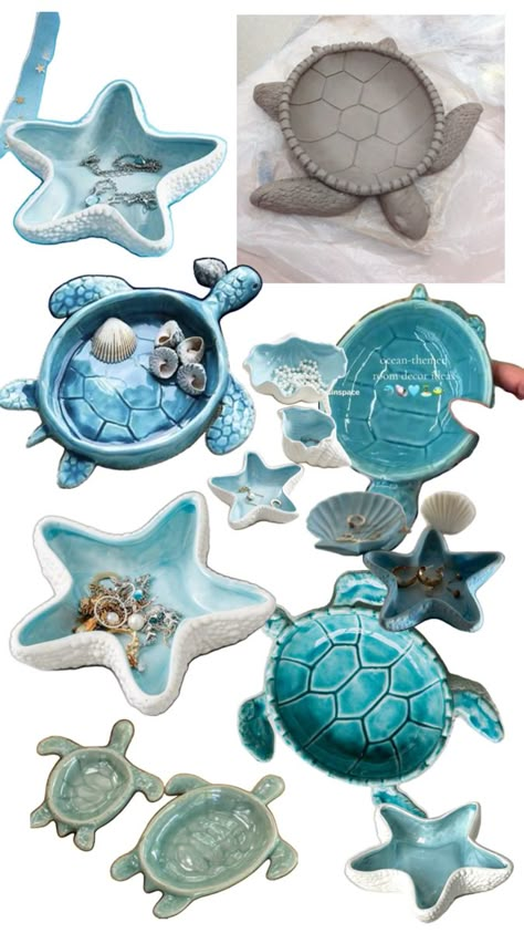 Beachy Air Dry Clay Ideas, Air Dry Clay Projects Ocean, Ocean Clay Ideas, Clay Sea Animals, Sea Turtle Clay, Trinket Ideas, Clay Jewellery Holder, Costal Bedroom, Beachy Room Decor